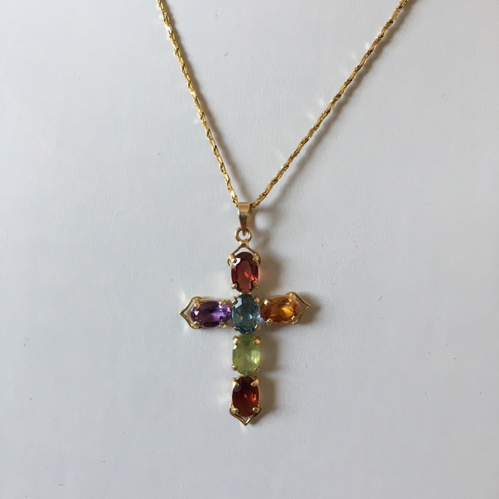 14K solid gold chain with genuine stones cross
